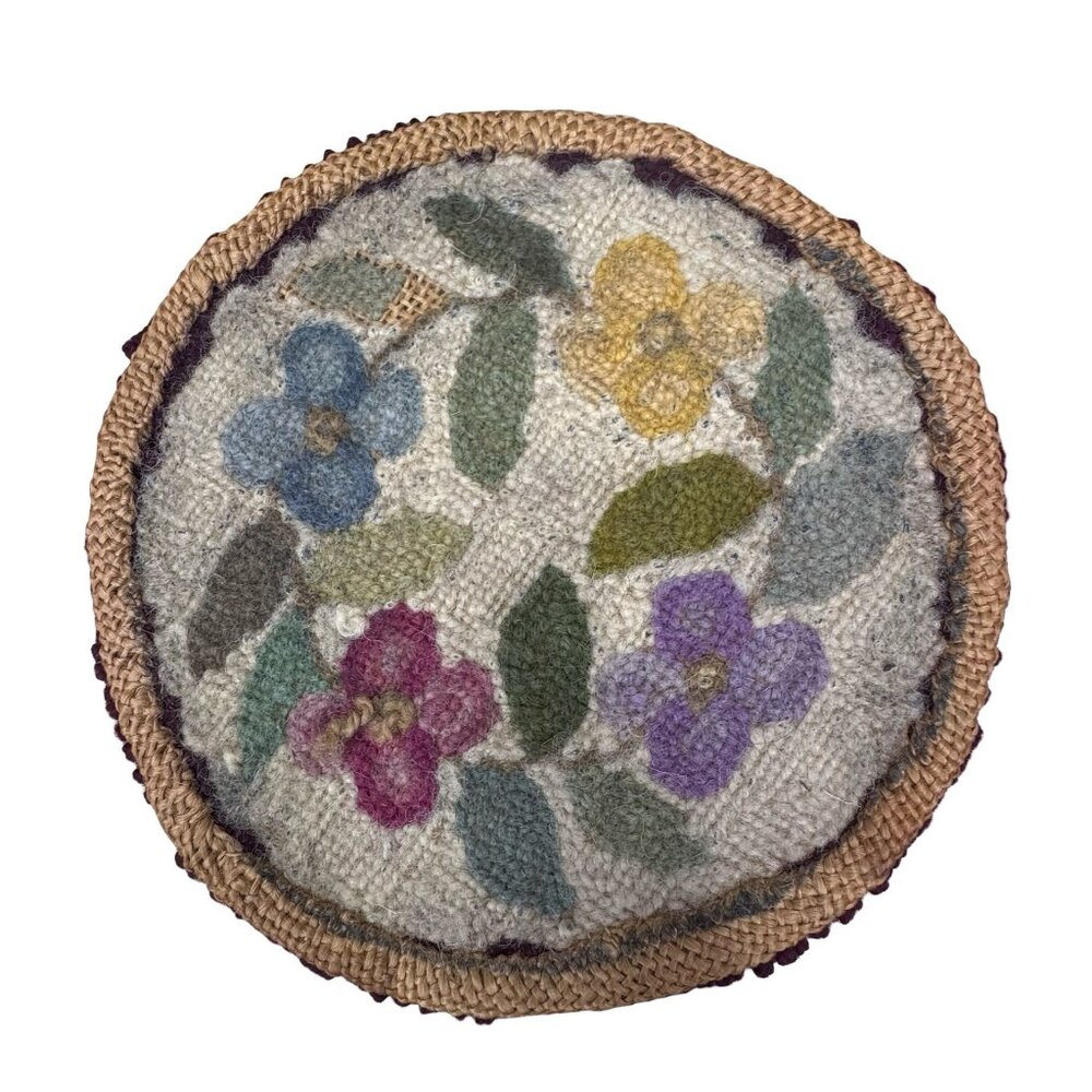 Vintage Floral Round Wool Hooked Rug 6.5” Dollhouse Formal Purple Border Flowers - Picture 3 of 4